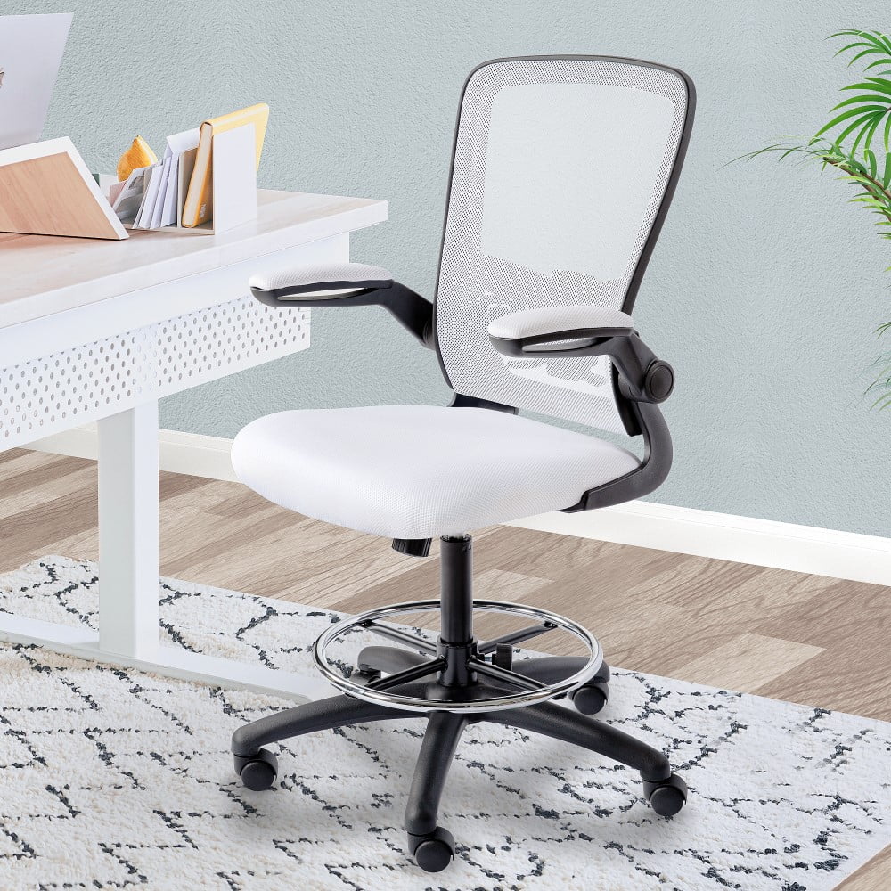 White Ergonomic Mesh Drafting Chair with Foot Ring Q689423