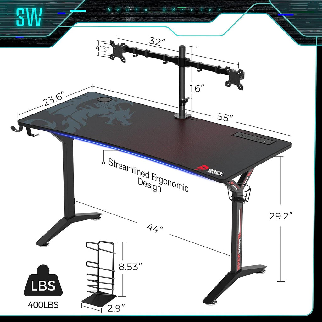 Gaming Desk 55INCH with Power Outlet & Dual Monitor Mount, Carbon Fiber Surface T7278