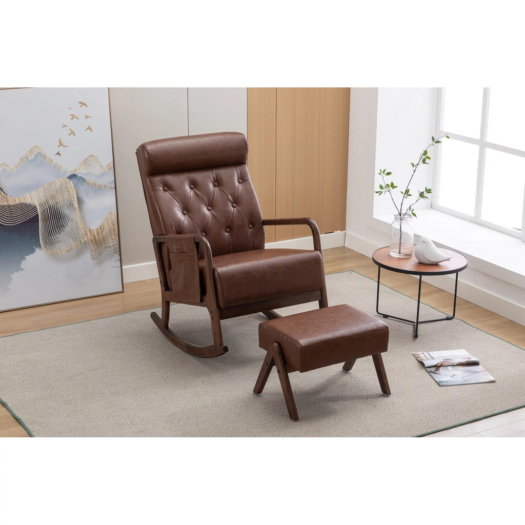 Polyester Upholstered High Backrest Accent Glider Rocker Chair With Ottoman Brown A63298
