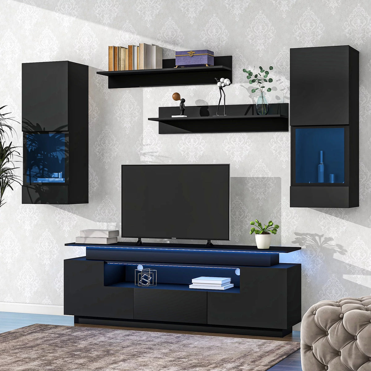 Black High Gloss Wall Mounted Floating TV Stand Set S190817