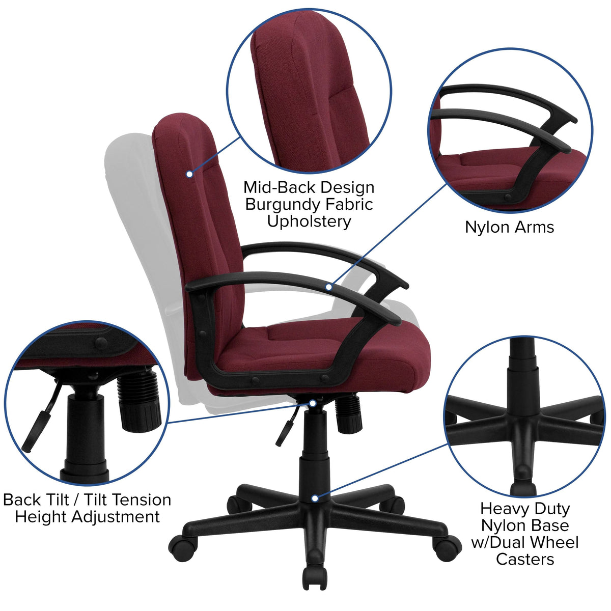 Navy Fabric Executive Swivel Office Chair with Nylon Arms E950