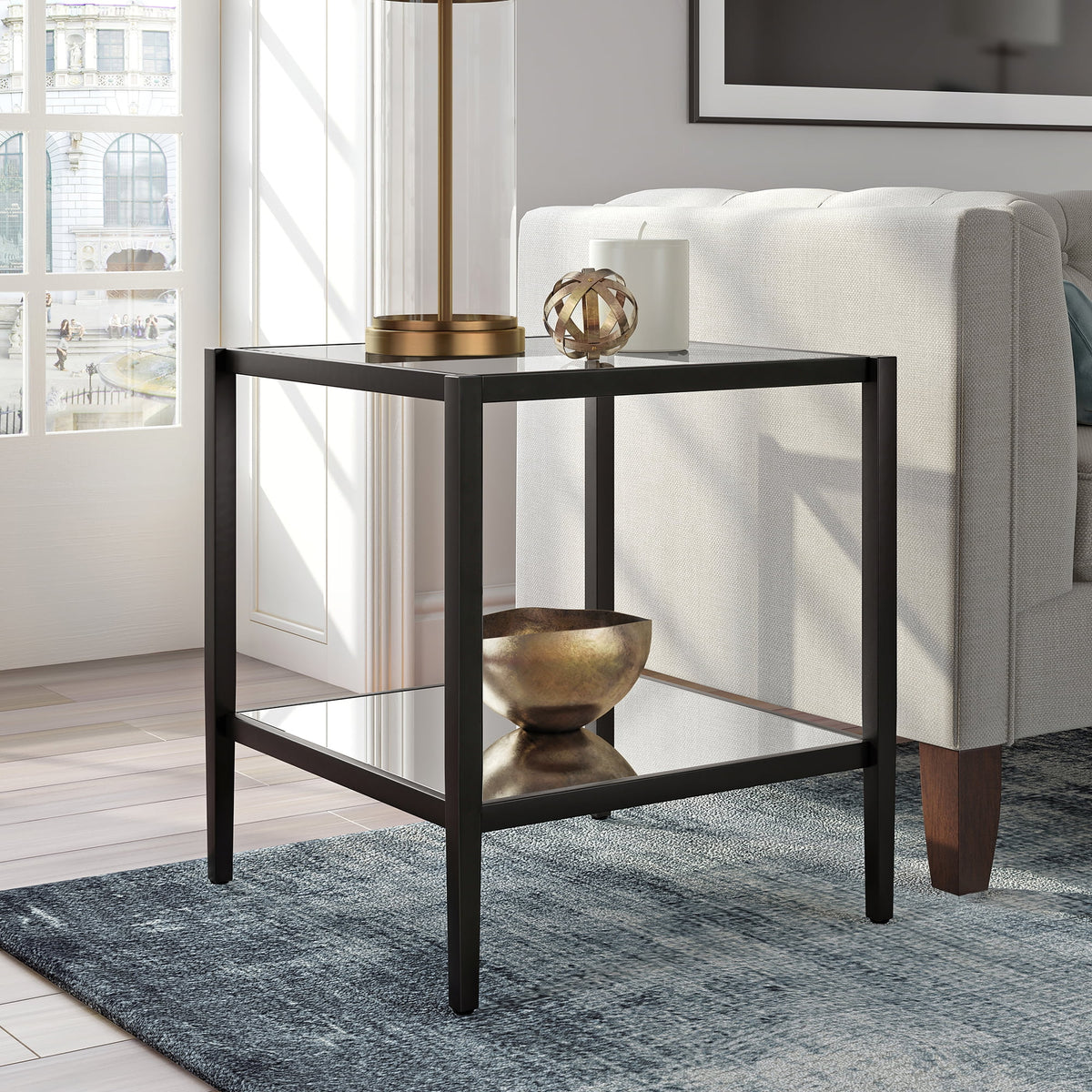Blackened Bronze 20" Wide Square Side Table with Mirror Shelf I159