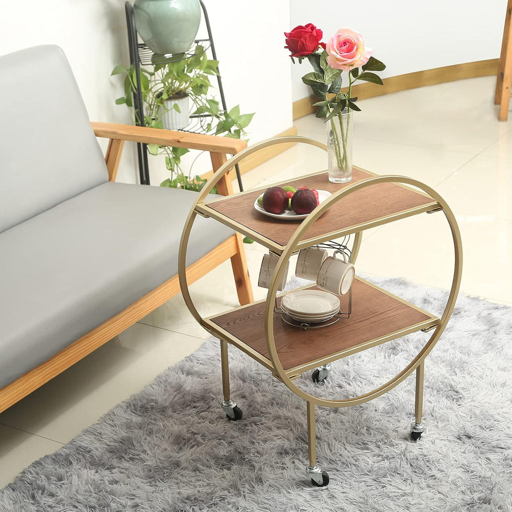 2-Tier Round Side Table with Wheels Metal Frame Removable Nightstand Utility Rolling Cart N84898