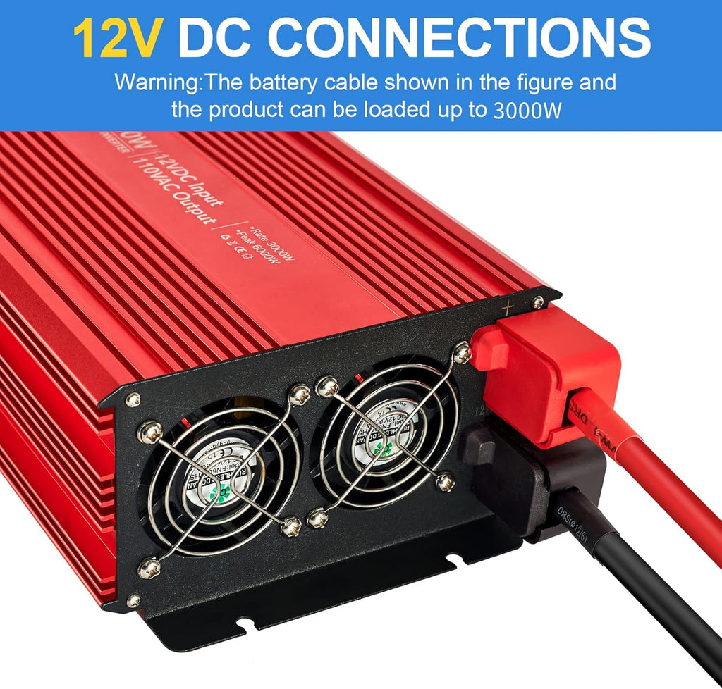 3000W Power Inverter with Dual AC Outlets & USB Port, DC12 to 24V, Modified Sine Wave K6690