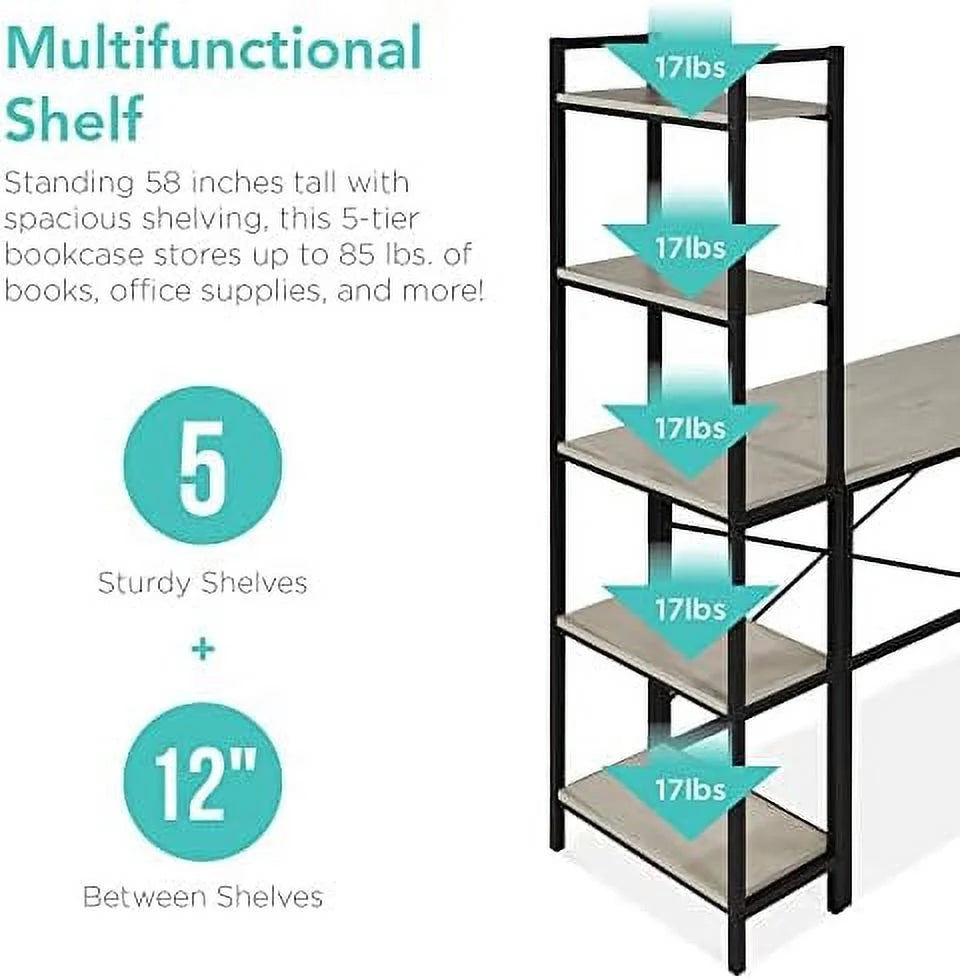 L-Shaped Corner Computer Desk with 5-Tier Bookshelves M6712