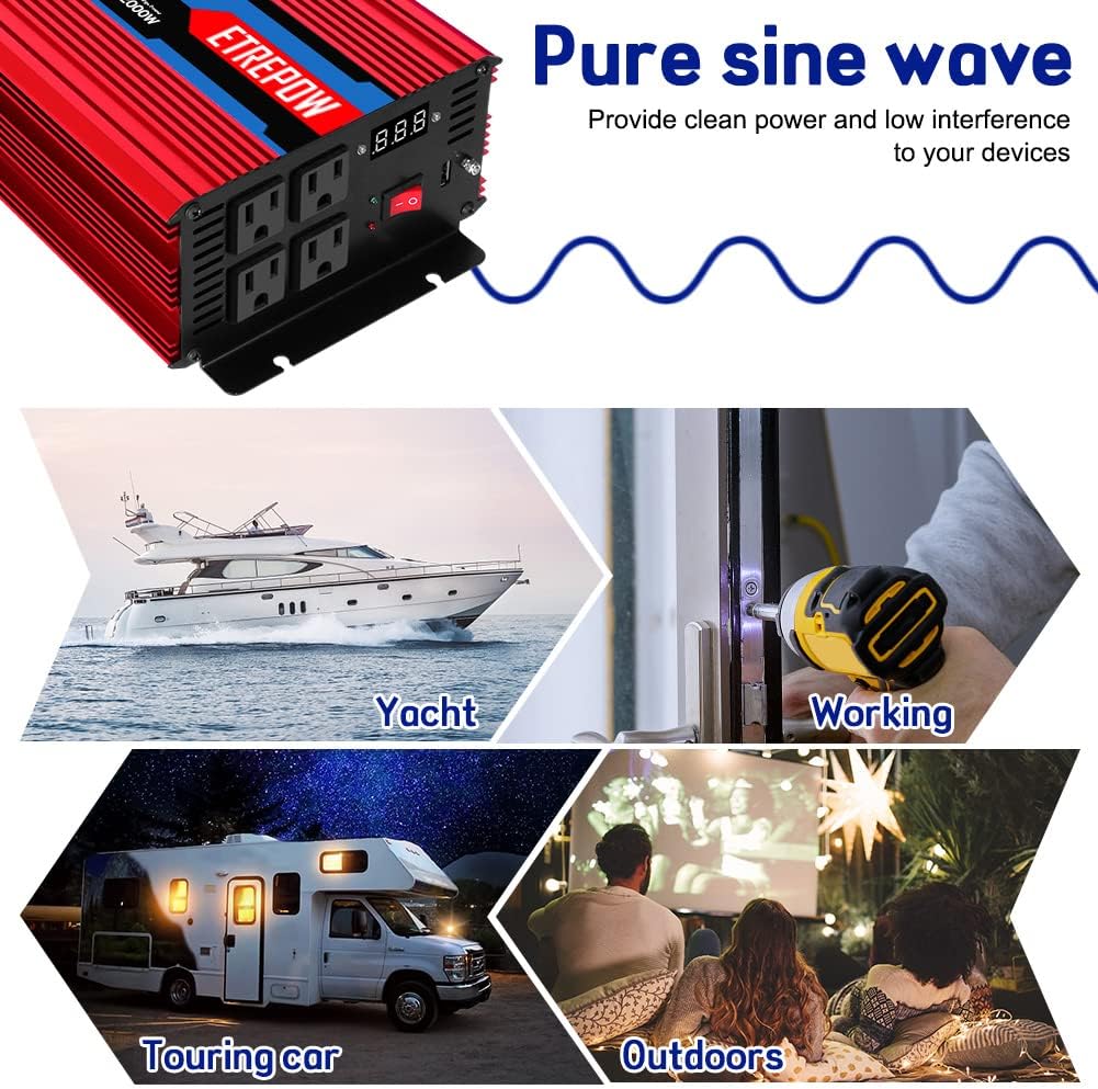 1000 Watt Pure Sine Wave Power Inverter 12V DC to 110V AC N3192