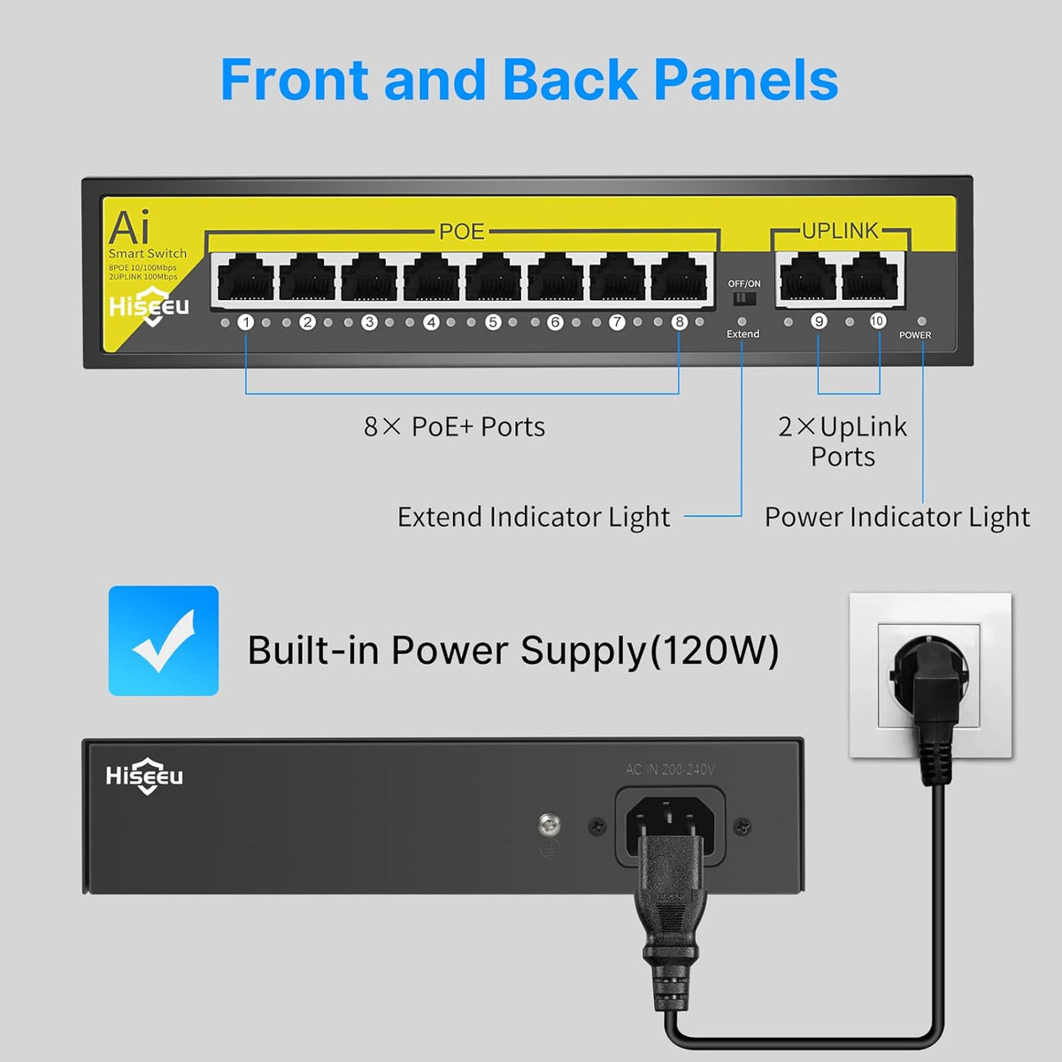 8 Port PoE Switch with 2 Ethernet Uplink Ports, 120 W, Metal Case W28223