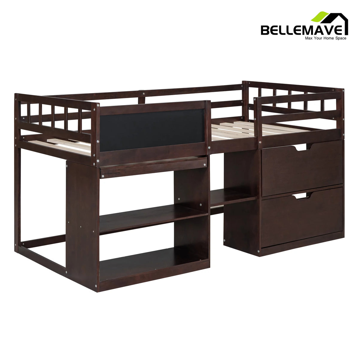 Twin Size Loft Bed with Rolling Desk, Storage Shelves and Chalkboard B3178