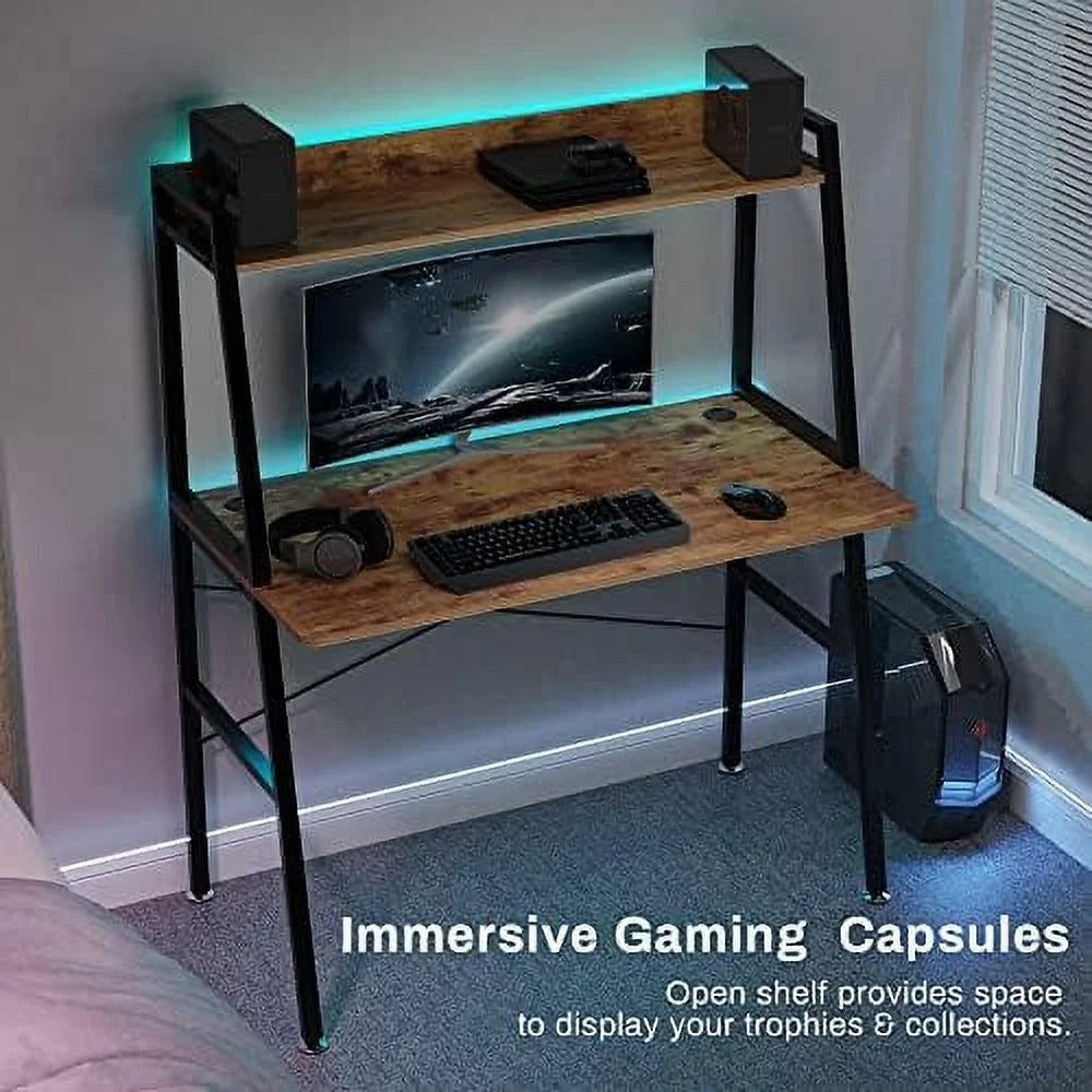 Rustic Brown 43 Inch 2-Tier Computer Desk with Shelves Metal Frame I444