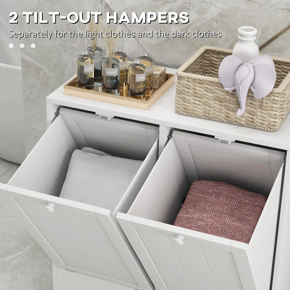White Tilt-out Laundry Storage Cabinet with 2 Hamper Compartments J440