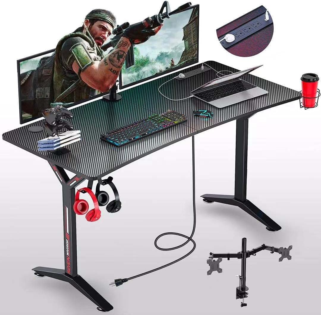 Gaming Desk 55INCH with Power Outlet & Dual Monitor Mount, Carbon Fiber Surface T7278