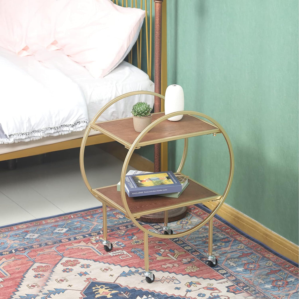 2-Tier Round Side Table with Wheels Metal Frame Removable Nightstand Utility Rolling Cart N84898