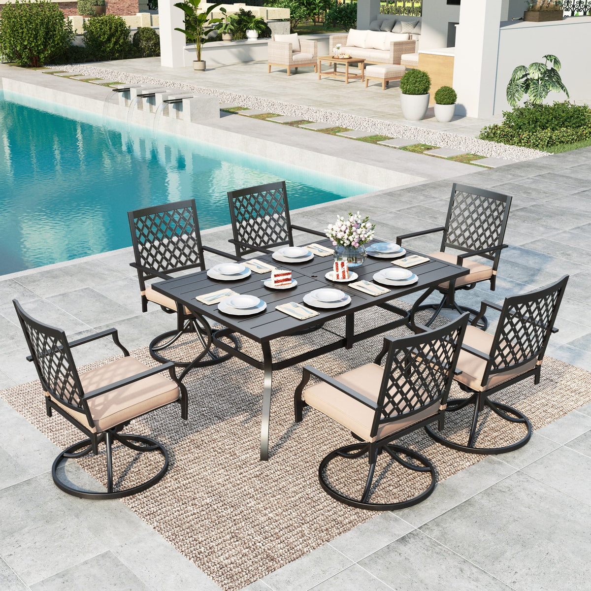 7 Piece Metal Outdoor Patio Dining Set with 6 Swivel Chairs and Dining Table P533