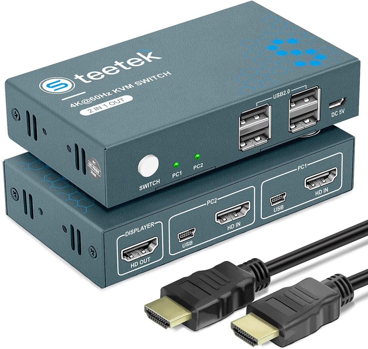 KVM Switch HDMI 2 Port, UHD 4K@60Hz, 4 USB 2.0 Port, with 1 HDMI and 2 USB Cables O753869