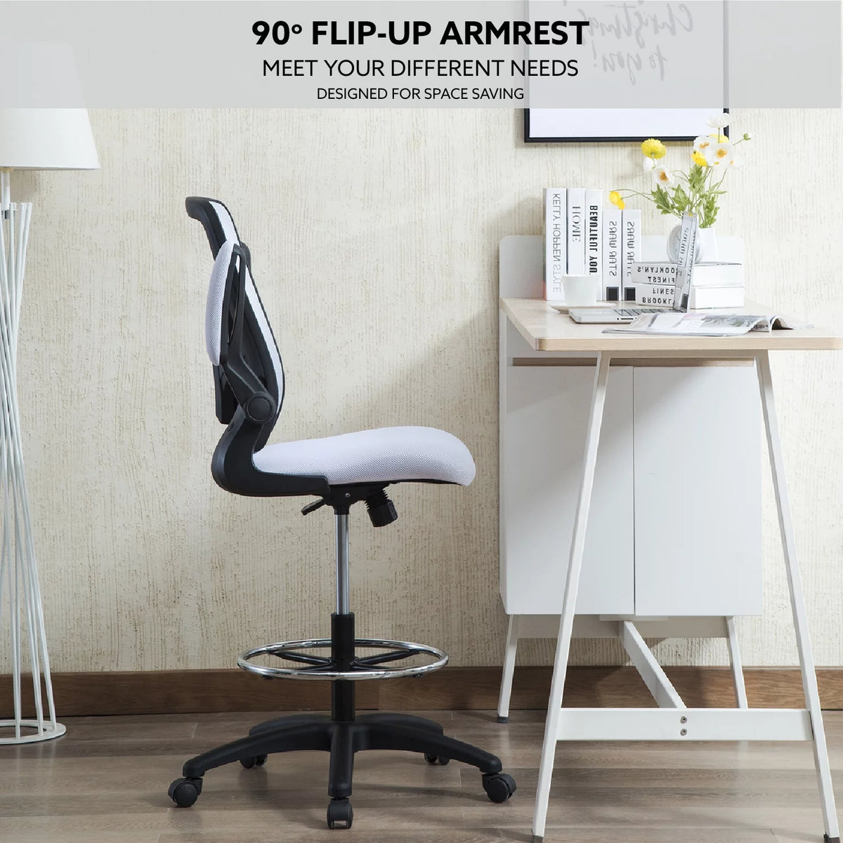 White Ergonomic Mesh Drafting Chair with Foot Ring Q689423