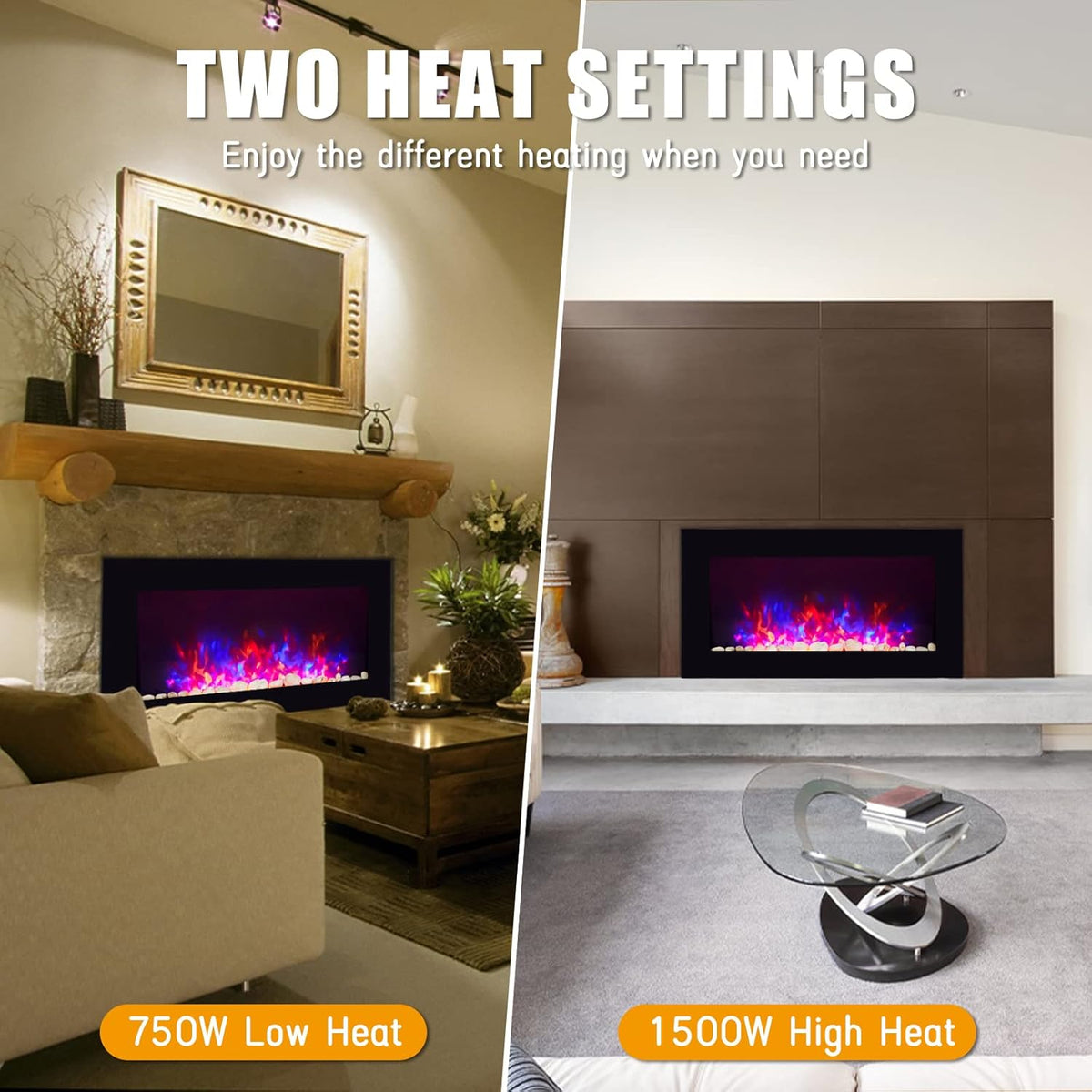 Black 36 Inch Wall-Mounted Electric Fireplace with Remote Control I1625
