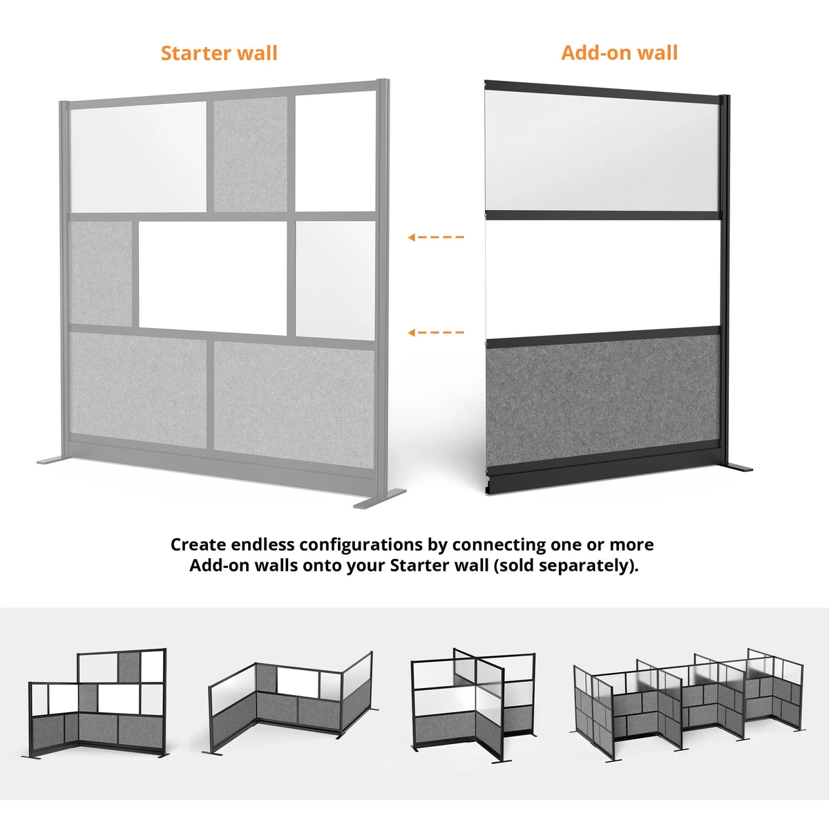 Modular Wall 53in x 70in Add-On with Whiteboard, Frosted Acrylic & Sound Absorbent Panels V31848