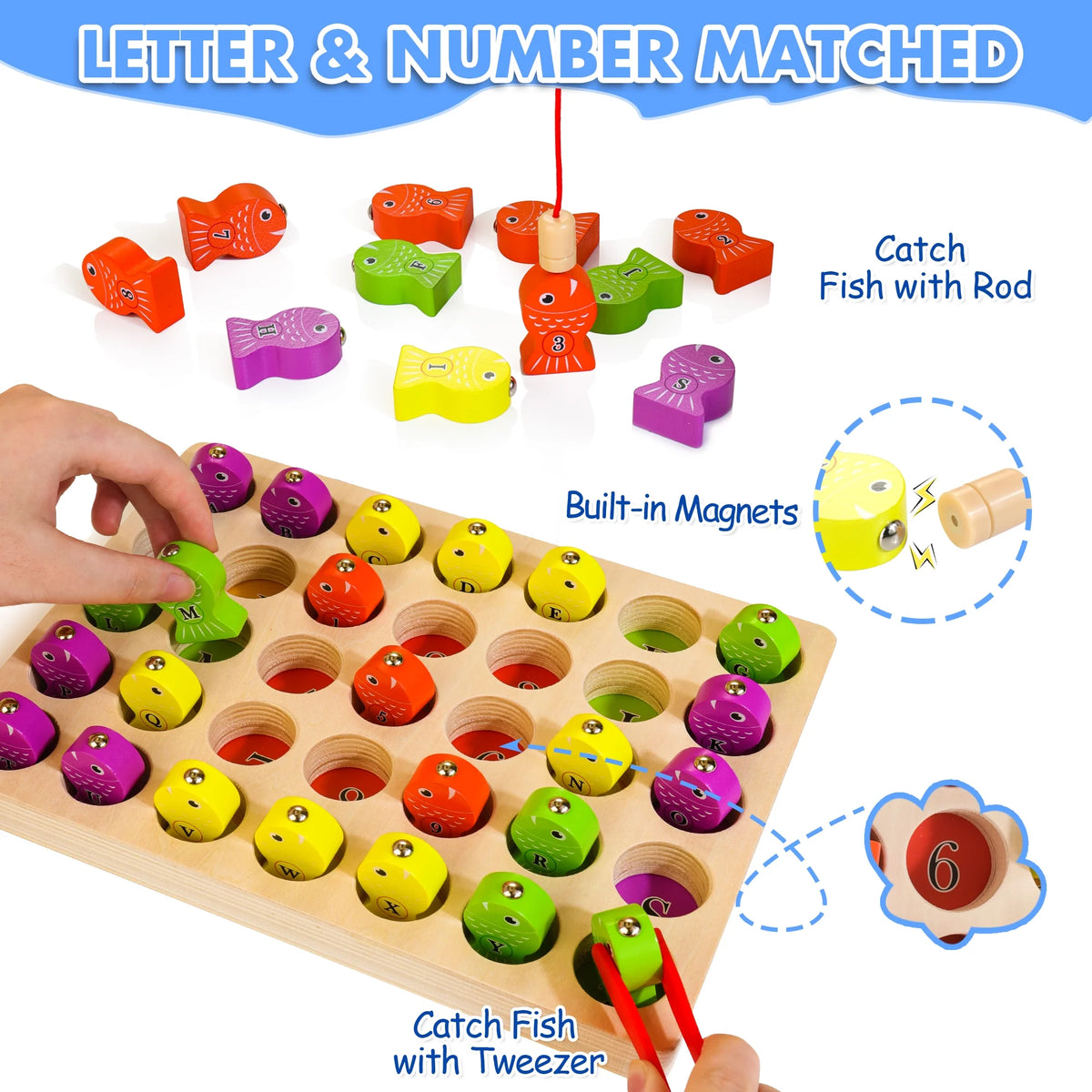 48 Pcs Wooden Magnetic Fishing Toy with 2 Rods 1 Tweezer 8 Activity Cards K458046