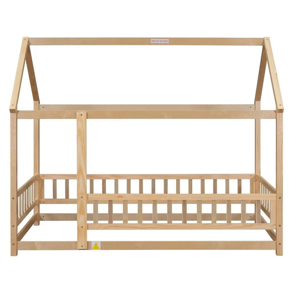 Twin Size Wood House Floor Bed with Fence Guardrails R7978
