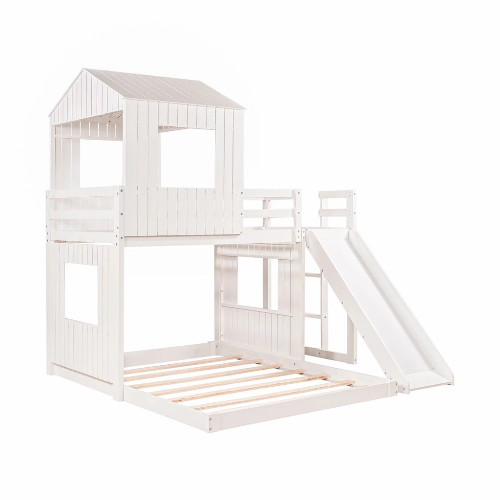 White Wooden Twin Over Full Bunk Bed with Ladder, Slide and Guardrails A17617