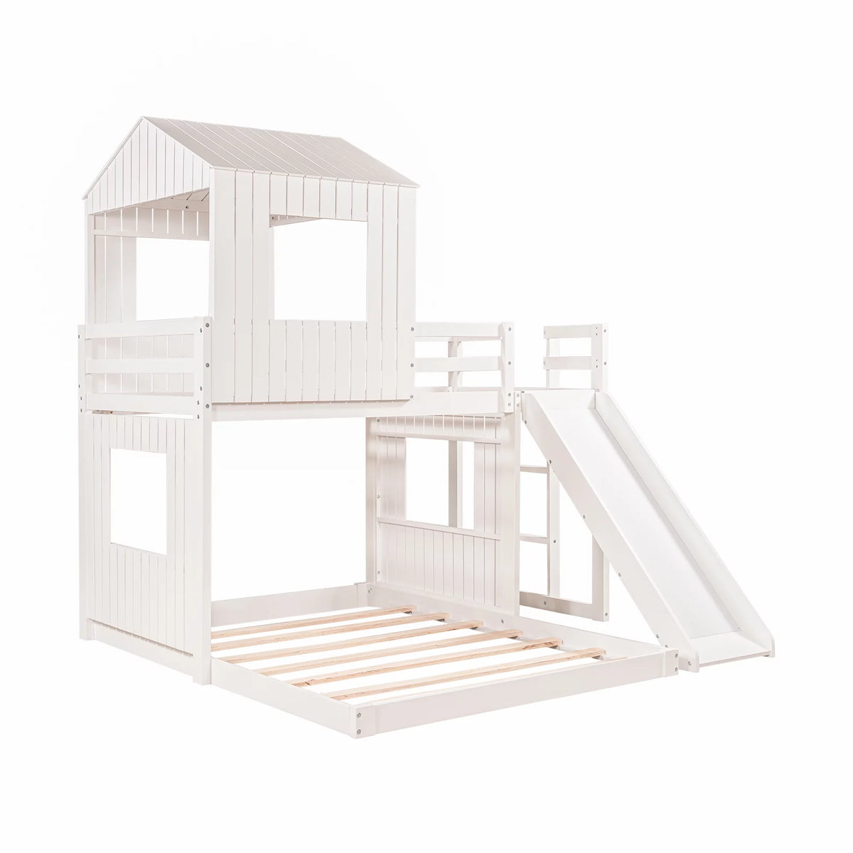 White Wooden Twin Over Full Bunk Bed with Ladder, Slide and Guardrails A17617