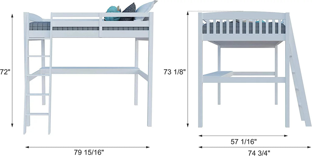 Solid Wood White Twin Size Loft Bed Frame with Desk & Stairs M9136