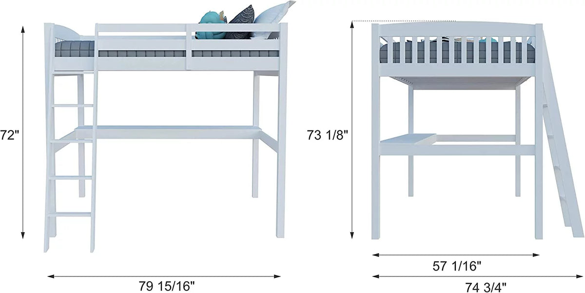 Solid Wood White Twin Size Loft Bed Frame with Desk & Stairs M9136