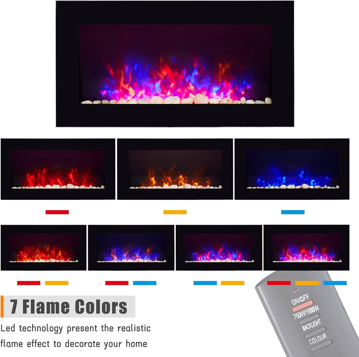 Black 36 Inch Wall-Mounted Electric Fireplace with Remote Control I1625