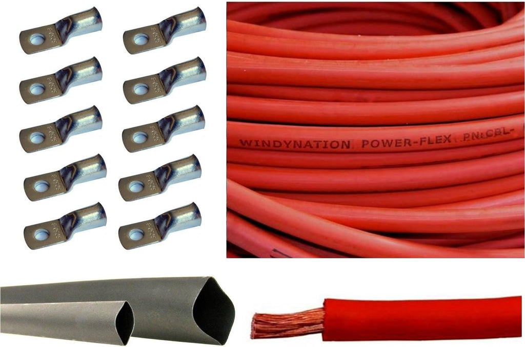 6 Gauge 25 Feet Red + 25 Feet Black Pure Copper Flexible Cable + 10pcs 3/8 Tinned Copper Cable Lug Terminal Connectors + 3 Feet Black Heat Shrink Tubing W56827