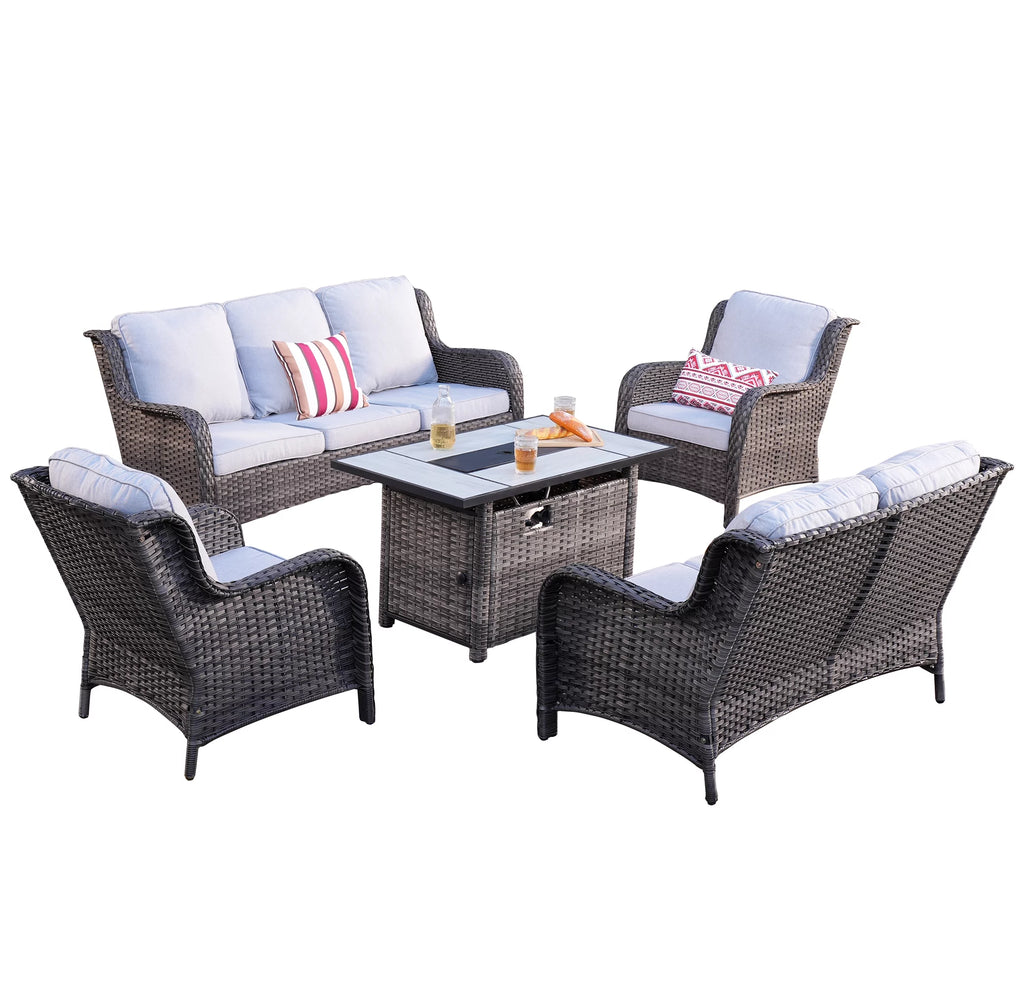 5 Pieces Wicker Patio Sectional Sofa with Fire Pit Table I57650