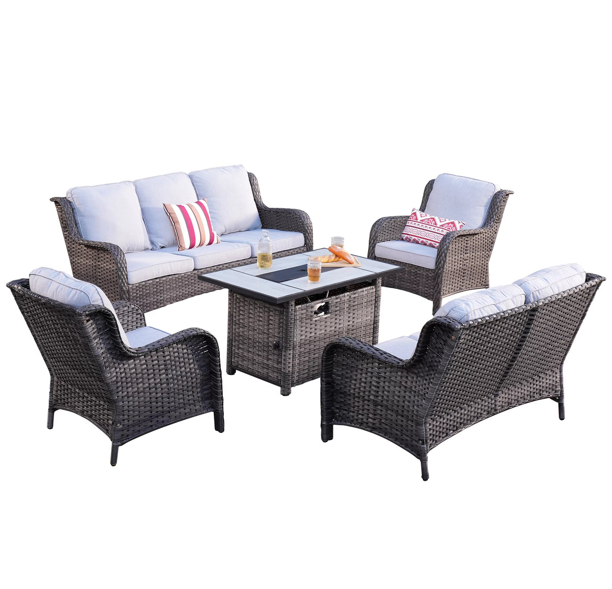 5 Pieces Wicker Patio Sectional Sofa with Fire Pit Table I57650