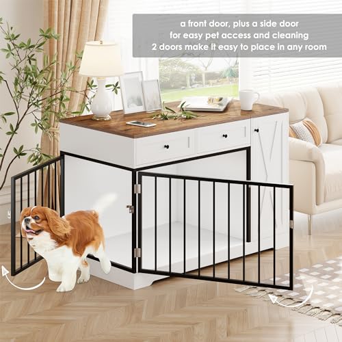 White Wooden Dog Crate with Double Doors and 2 Drawers Q475
