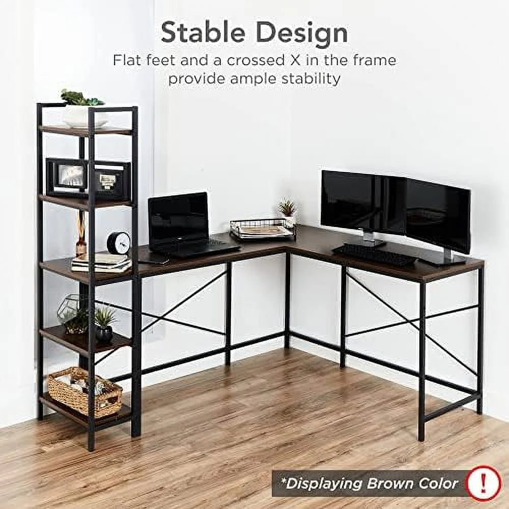 L-Shaped Corner Computer Desk with 5-Tier Bookshelves M6712