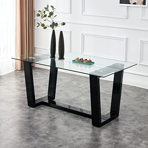Glass Dining Table Set for 6 with Black Bracket Pedestal H1532
