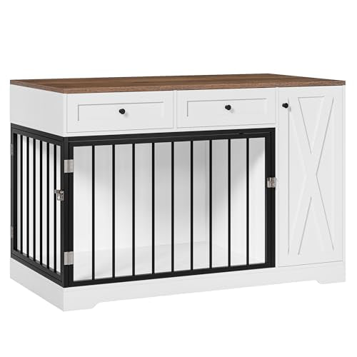 White Wooden Dog Crate with Double Doors and 2 Drawers Q475