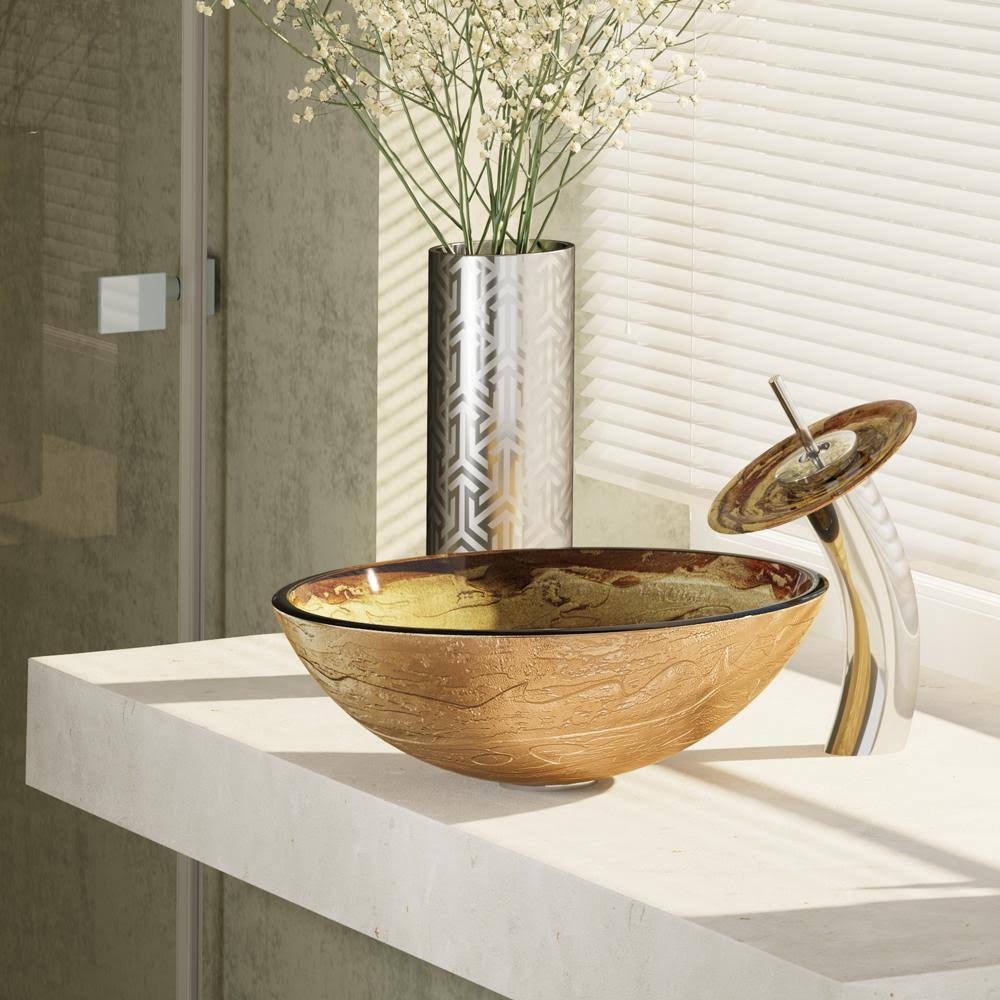 Glass Vessel Sink with Chrome Waterfall Faucet T234
