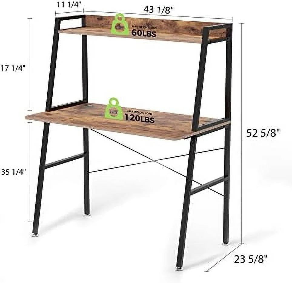 Rustic Brown 43 Inch 2-Tier Computer Desk with Shelves Metal Frame I444