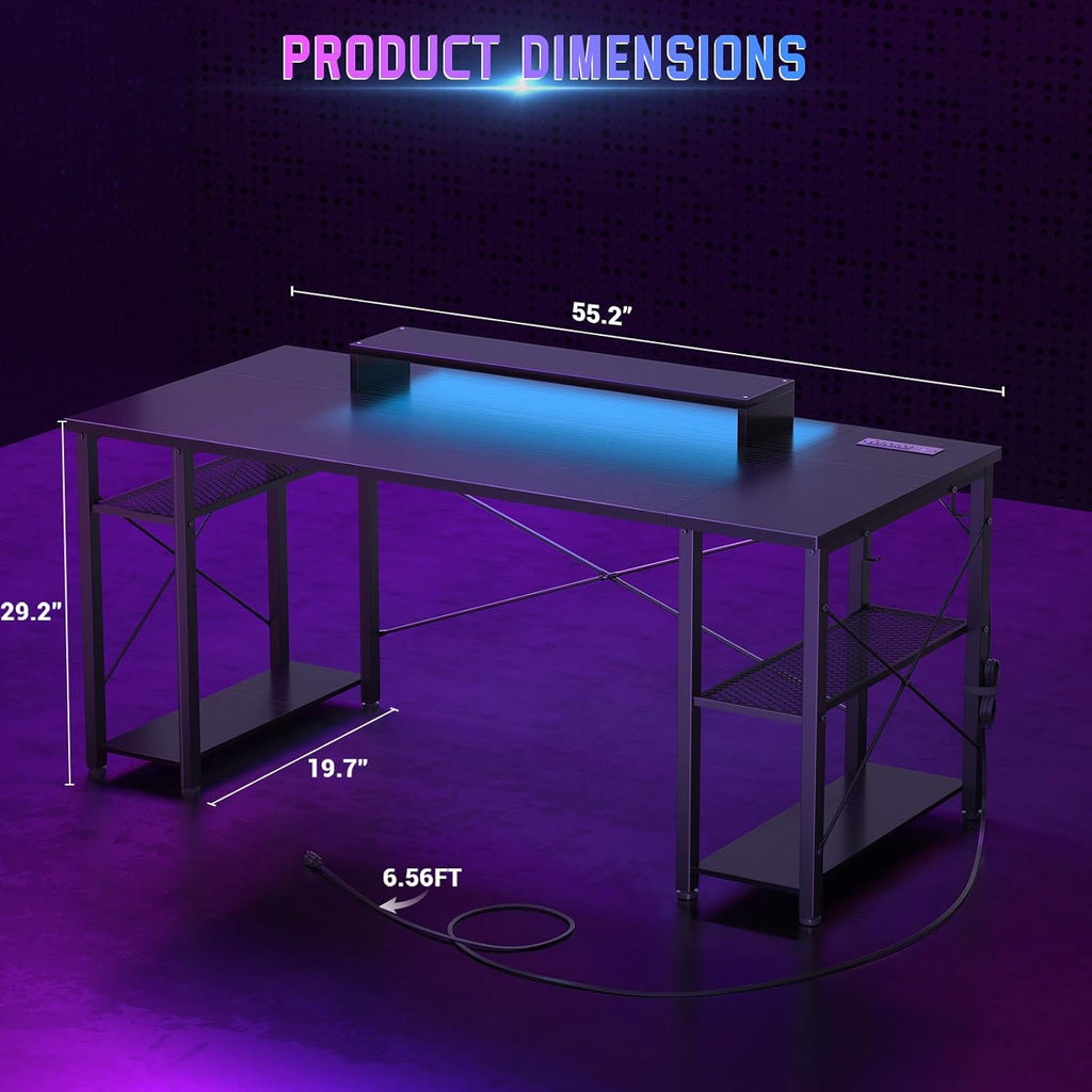 Black 55 Inch Gaming Desk with LED Lights and Power Outlet L2421