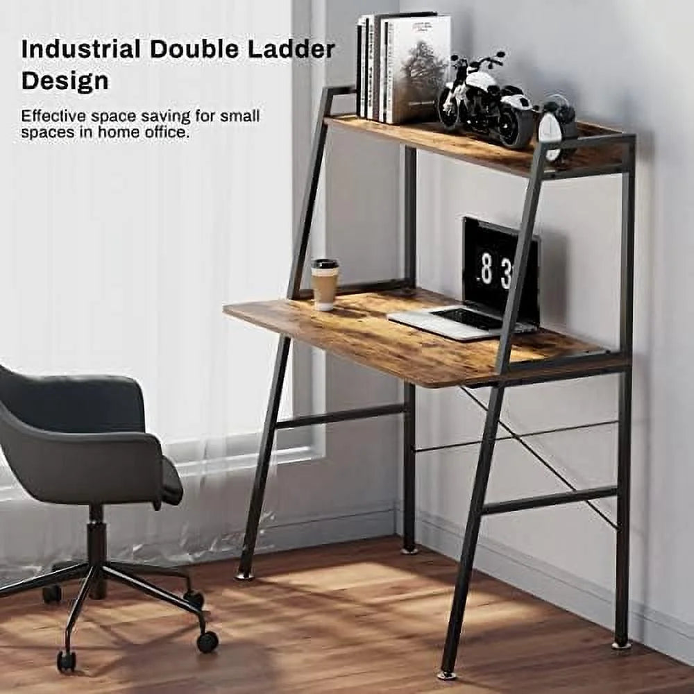 Rustic Brown 43 Inch 2-Tier Computer Desk with Shelves Metal Frame I444