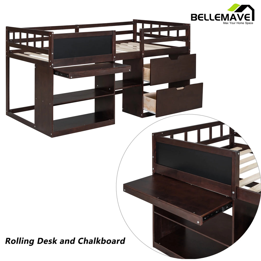 Twin Size Loft Bed with Rolling Desk, Storage Shelves and Chalkboard B3178