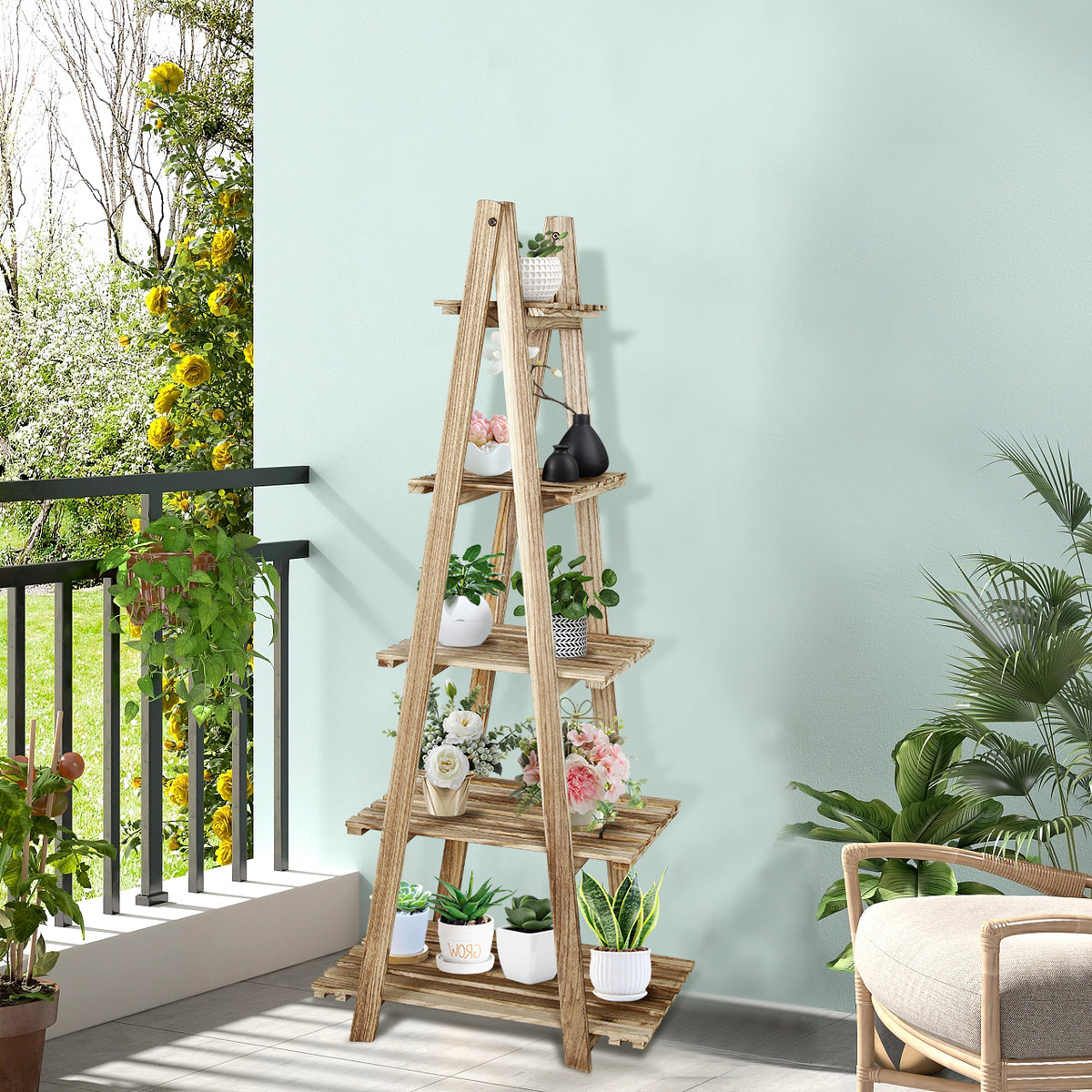 5-Tier Ladder Shelf Bookcase Storage Display Shelf Natural S37768