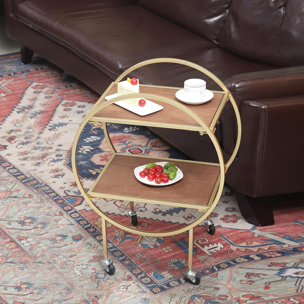 2-Tier Round Side Table with Wheels Metal Frame Removable Nightstand Utility Rolling Cart N84898