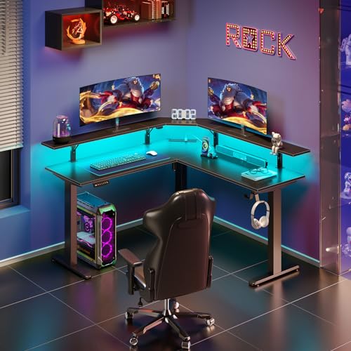 Black Electric Height Adjustable L Shaped Desk with LED Light and Power Outlet D253757