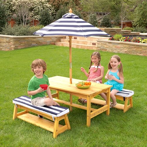 Outdoor Wooden Table & Bench Set with Cushions and Umbrella O160427