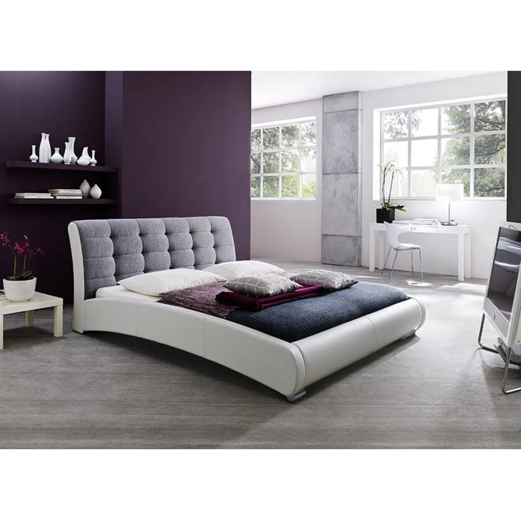 White Faux Leather Grey Fabric Tufted Platform Bed H659