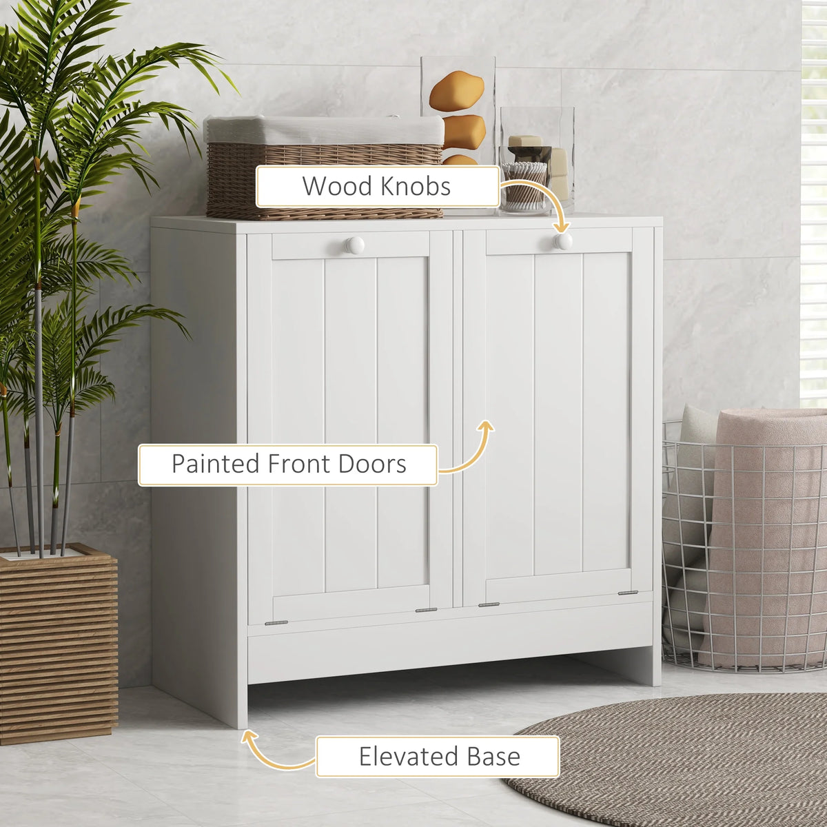 White Tilt-out Laundry Storage Cabinet with 2 Hamper Compartments J440