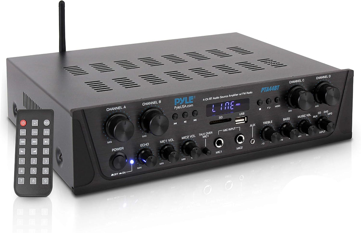 500W 4 Channel Bluetooth Amplifier with USB Microphone AUX FM RCA J482