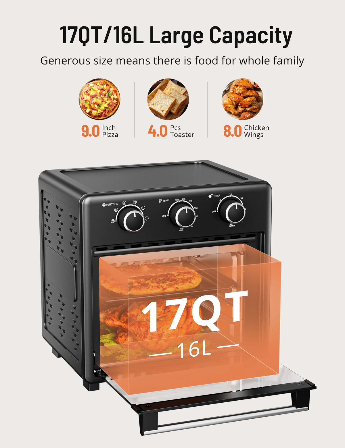 17QT Large Capacity 6-in-1 Air Fryer Toaster Oven T255162