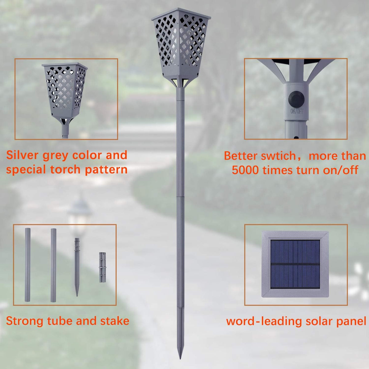 Solar Torch Lights with Flickering Flame, 96 LED Waterproof Grey Y36578