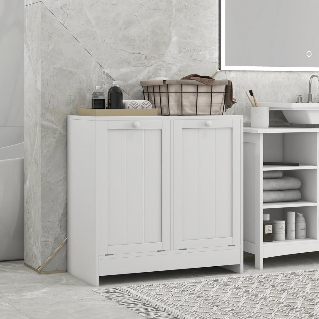 White Tilt-out Laundry Storage Cabinet with 2 Hamper Compartments J440